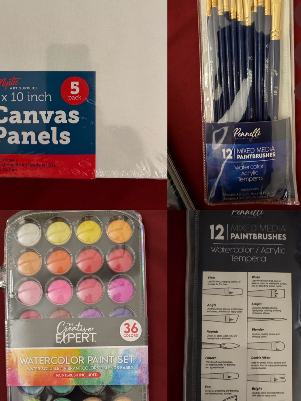 12-Piece Mixed Media Paintbrush Set with Watercolor Paints and canvases